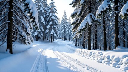Fototapeta premium Winter Wonderland Serene Snow-Covered Pathway Winding Through a Majestic Forest of Snow-laden Evergreens
