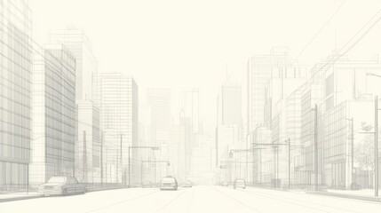 Wireframe city street, cars driving, buildings, urban planning, architectural visualization