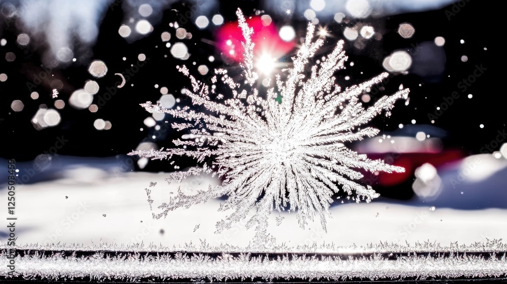 Poster a close-up of a snowflake with sparkling ice crystals in a winter setting.