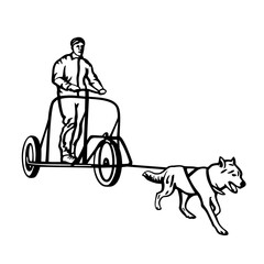 isolated illustration of dog carriage , black and white vector drawing, white background