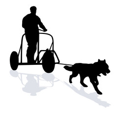 isolated illustration of dog carriage , black and white vector drawing, white background
