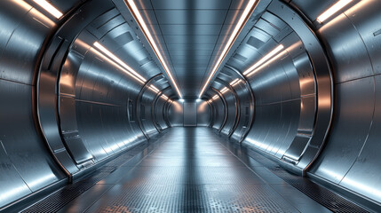 Obraz premium Futuristic metallic corridor with glowing lights, ideal for sci-fi backgrounds