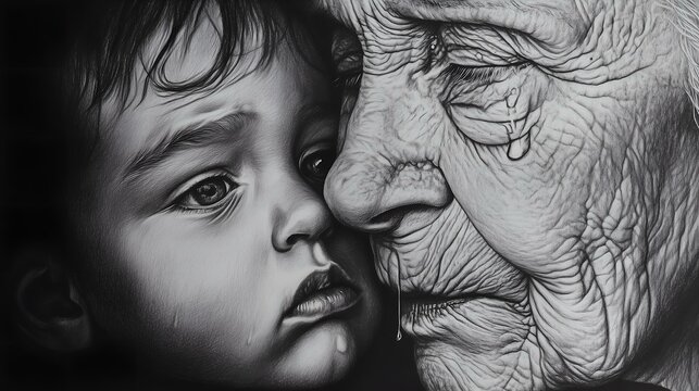 A black and white emotional portrait of a crying elderly woman and a young child, symbolizing sadness and generational connection.