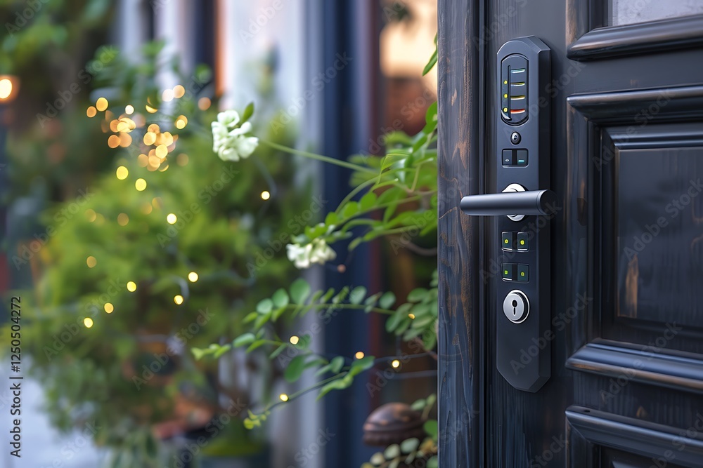 Aufkleber a modern smart lock installed on a stylish front door, with a digital keypad and fingerprint sensor