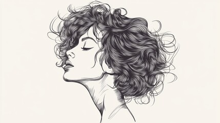 Naklejka premium Woman, curly hair, profile, serene, art, illustration, design, fashion
