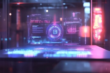 Obraz premium Exploring Futuristic Interface Designs: Holographic Displays Showcase Cutting-Edge Technology with Neon Accents and Data Visualization