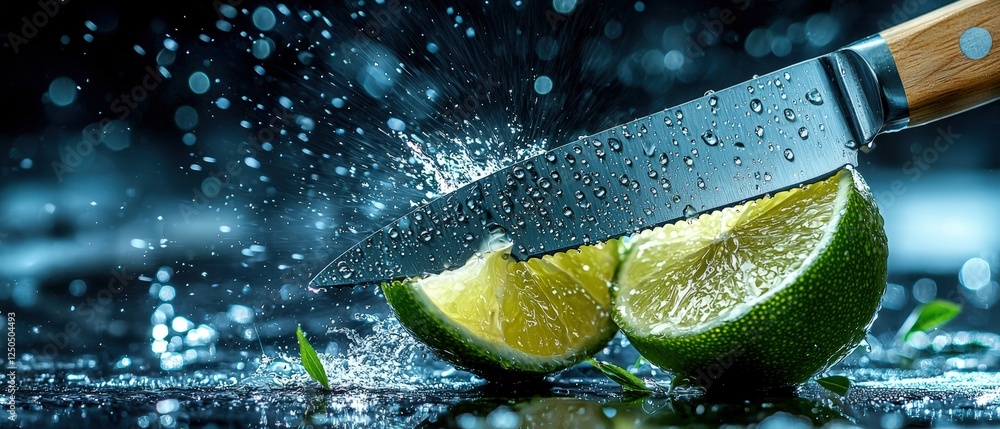 Poster close-up shot of freshly sliced lime with knife creating splashes of water droplets in a dramatic ba