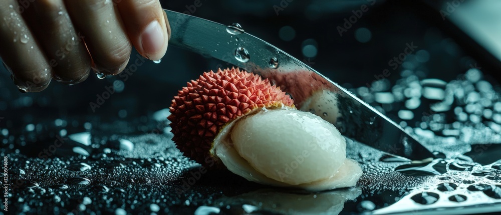 Poster close-up of a fresh lychee being sliced with a knife on a glossy surface, high-definition capture