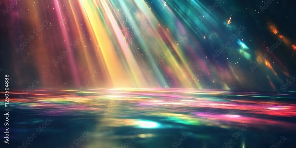 Poster vibrant digital art with colorful rays of light shining through space, creating a magical atmosphere