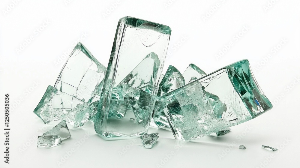 Poster Broken pieces of glass lay fragmented across a clean white background, capturing light and shadow in a delicate dance. The sharp edges and glimmers create an artistic composition full of contrast