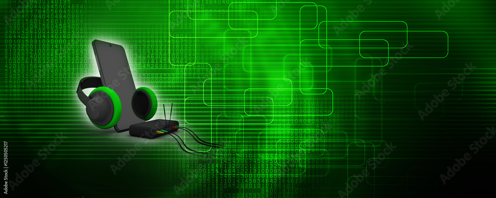 Poster 3d rendering transmitter wifi with mobile phone connected headphone