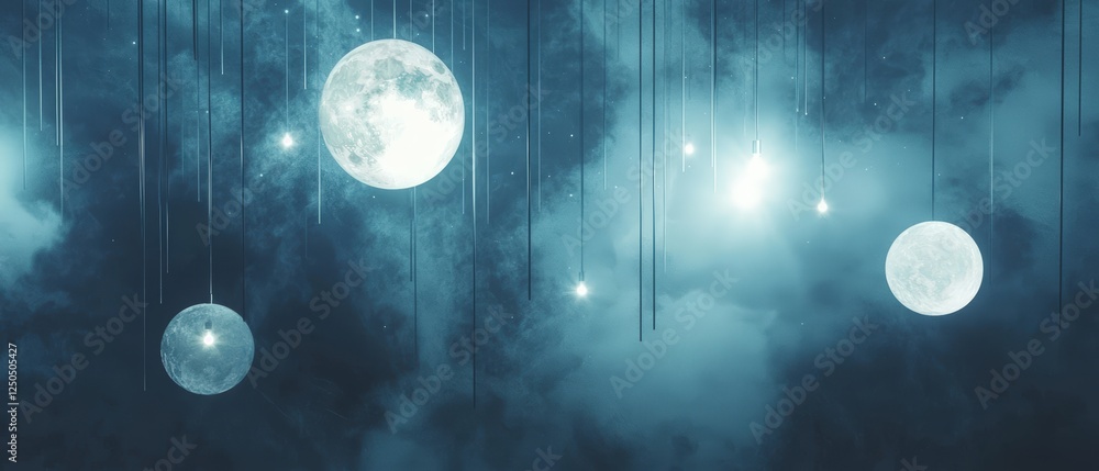 Poster ethereal moonlight background with suspended celestial bodies and soft clouds perfect for illustrati