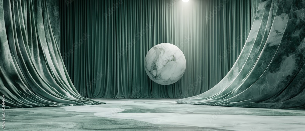 Poster elegant olive curtains draping stage with onyx sphere surrounded by eclipsing background in soft lig