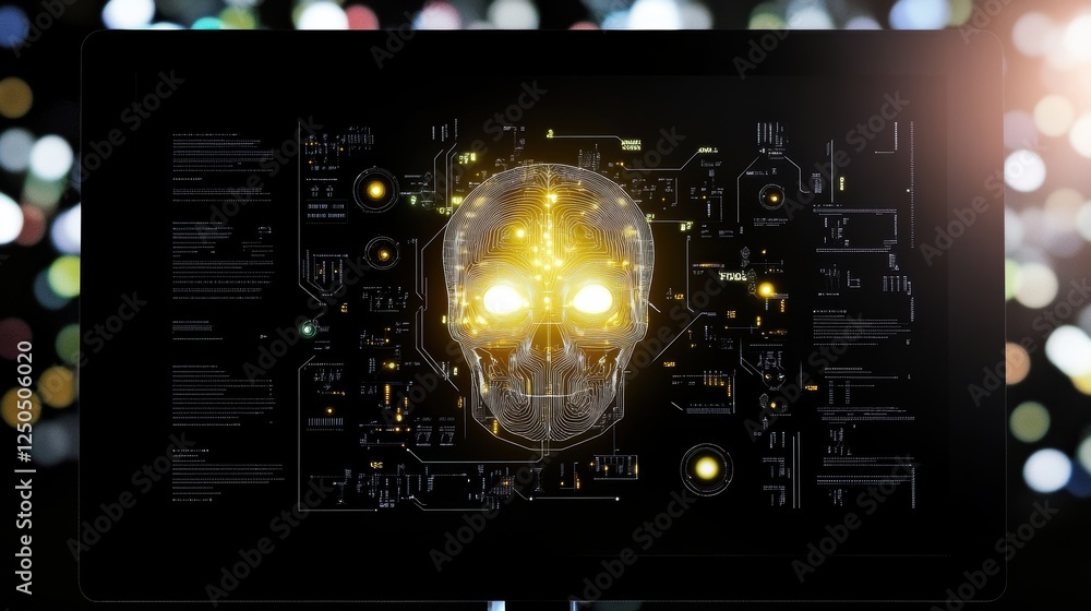 Aufkleber digital representation of a skull with glowing eyes and circuit patterns.