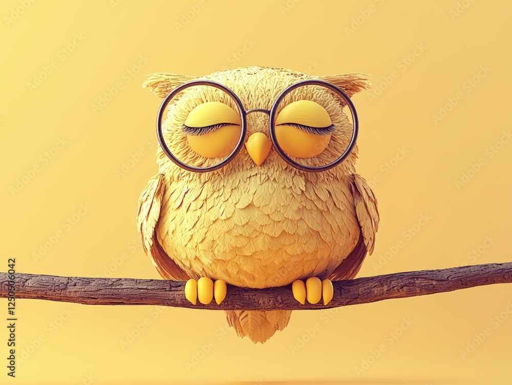 Poster whimsical 3d rendering of a wise old owl wearing round glasses perched on a branch against a soft ye