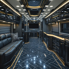Obraz premium Luxury RV interior with black leather seating, entertainment system, and kitchen area