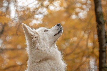 Naklejka premium White Dog Gazes Upward in Autumn Woods, Nature's Beauty, Animal Majesty, Serene Scene