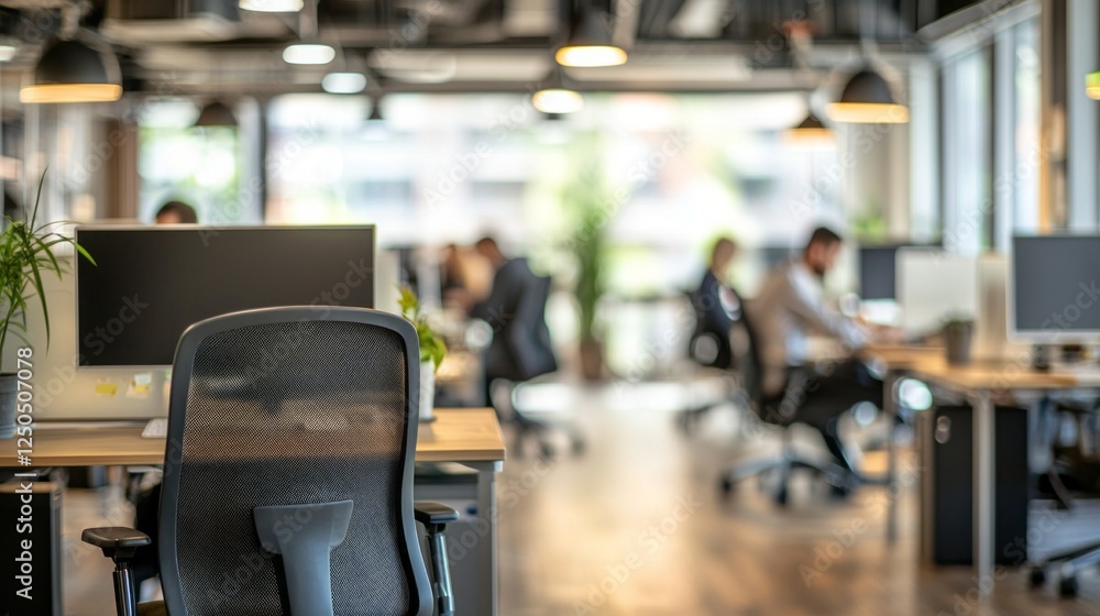 Poster in a modern office setting, multiple individuals are engaged in various activities like discussing i