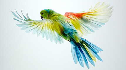Obraz premium A flying parrot with a green body, blue and yellow wings, and a white background.