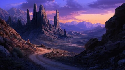 Naklejka premium A deep canyon with imposing rock structures, a winding path, and a peaceful, twilight-lit sky.