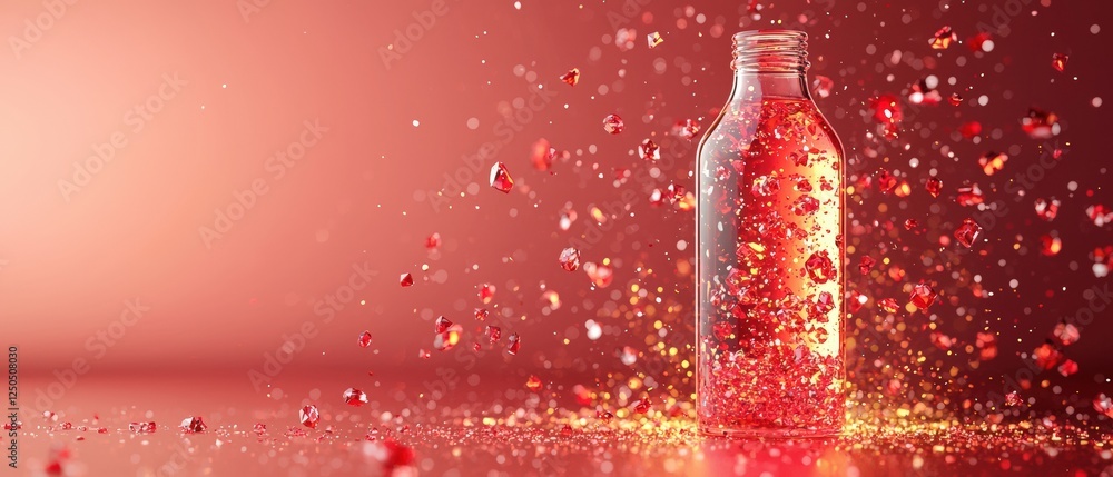 Poster stunning 3d illustration of a ruby glass bottle filled with sparkling ruby liquid and vibrant crysta