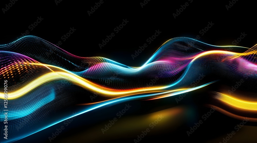 Poster Captivating abstract landscape of undulating waves made of vibrant luminous colors in a state of dynamic kinetic motion creating a mesmerizing futuristic and visually striking digital