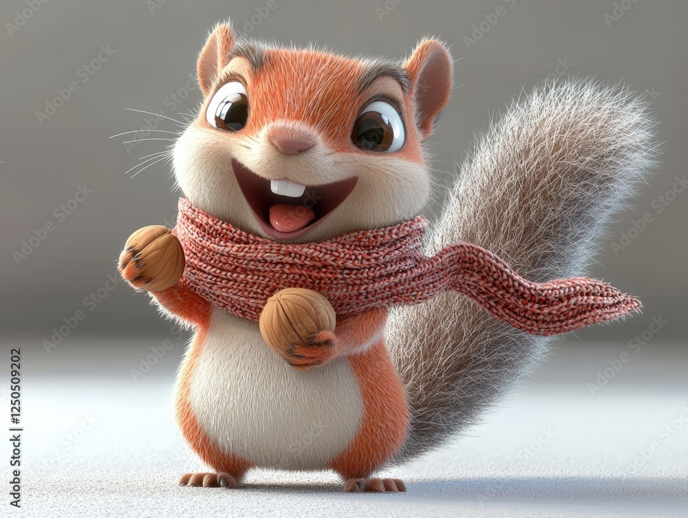 Aufkleber playful squirrel character in 3d rendering holding nuts and wearing a scarf with a cheerful expressi