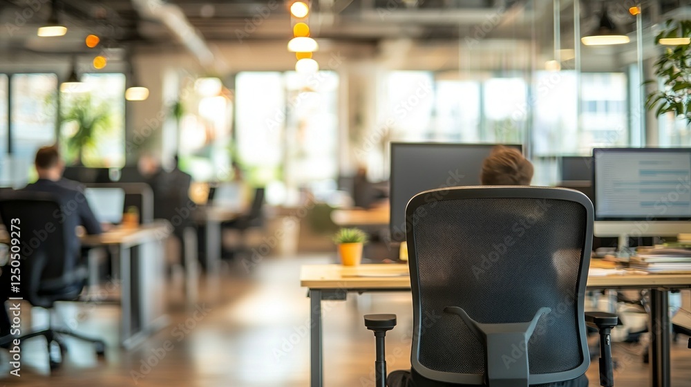 Poster in a contemporary workspace, employees focus on their computers while collaborating in a harmonious 