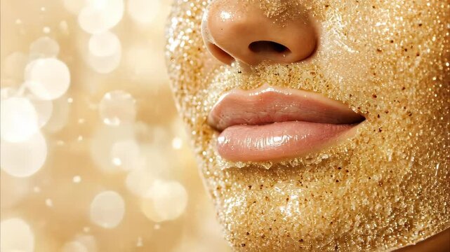 A close-up of a face with a shimmering exfoliating scrub, focusing on the lips and skin texture, glistening with light.