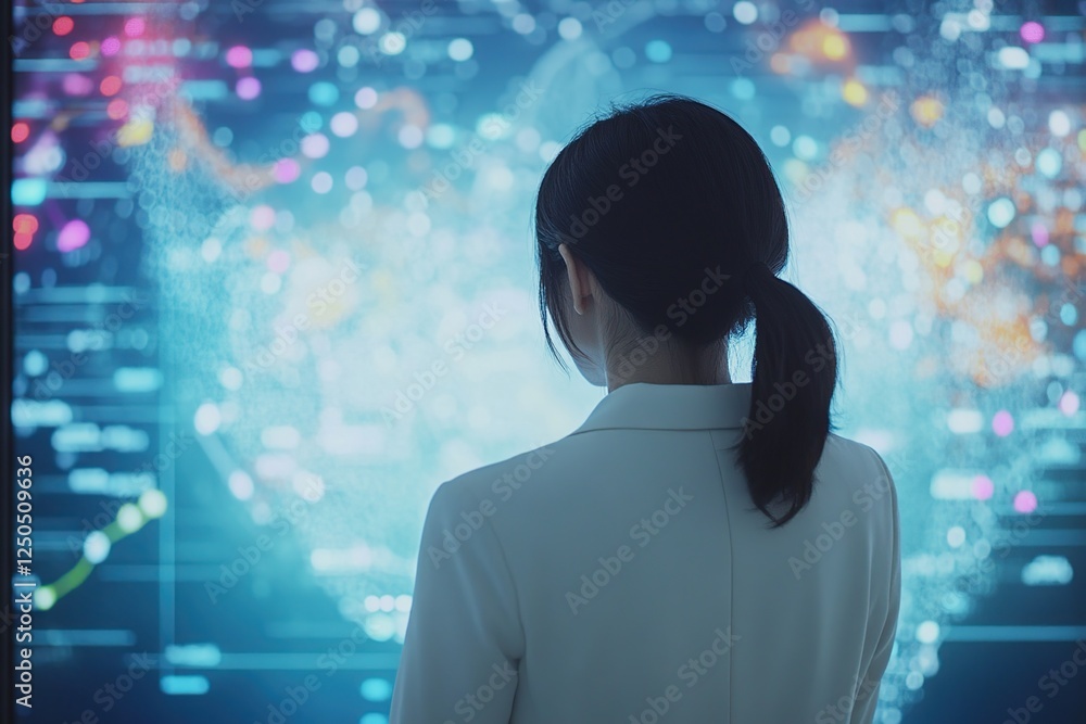 Aufkleber analyst reviews complex data visualizations on futuristic screen, making strategic decisions for fut