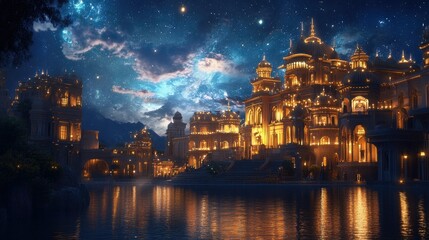 A grand palace bathed in warm lights, set against a breathtaking star-filled night sky.