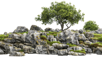 Green tree with rocks landscape in transparent background 