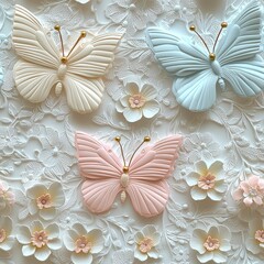 Elegant Decor Of Pastel Butterflies On Textured Floral Background Embodying Tranquility And Sophistication