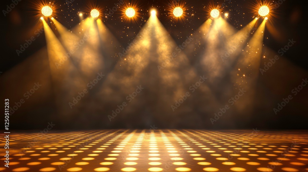 Poster elegant golden stage background with radiant rays and sparkling particles creating a magical atmosph