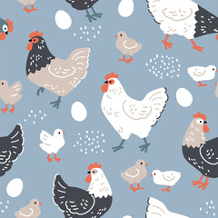 Seamless vector pattern with hens, chicks and eggs. Hand drawn Easter illustration with chickens. Perfect for textile, wallpaper or nursery print design. EPS10 vector file.