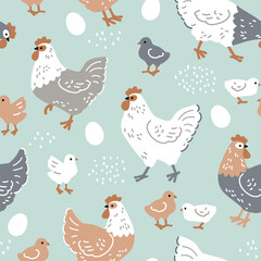 Seamless vector pattern with hens, chicks and eggs. Hand drawn Easter illustration with chickens. Perfect for textile, wallpaper or nursery print design. EPS10 vector file.