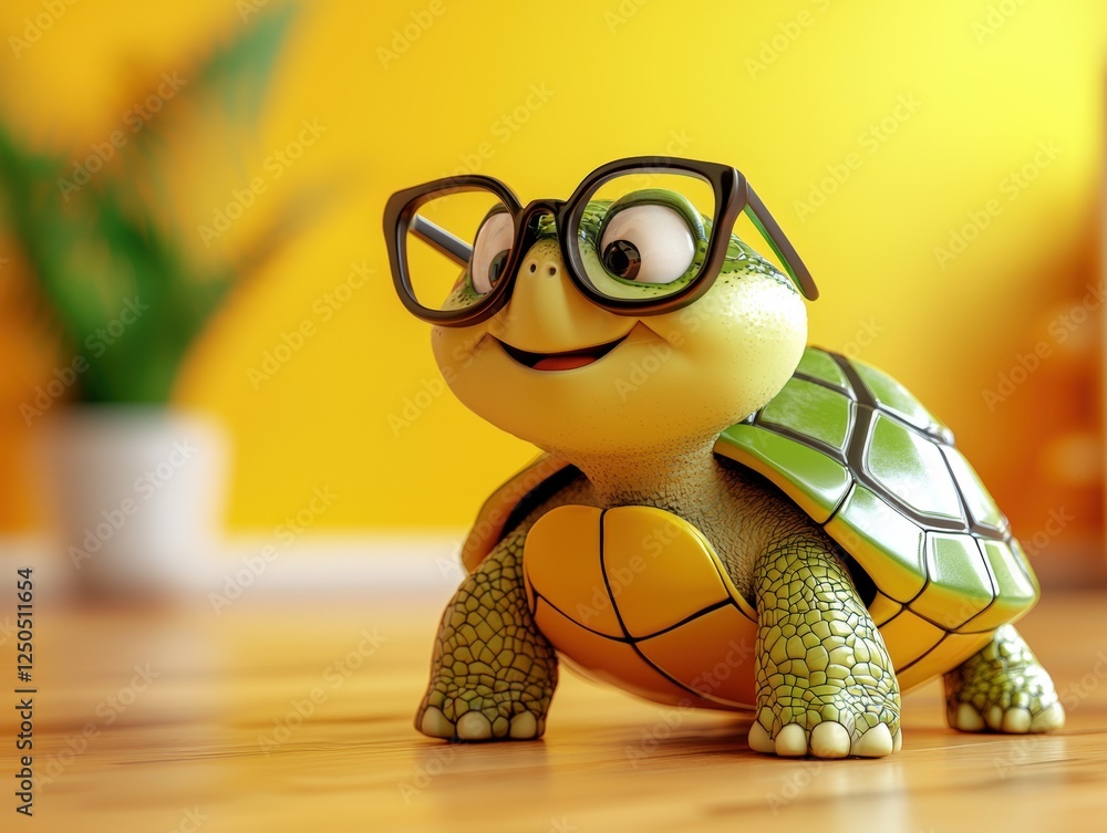 Poster charming 3d rendering of a wise old turtle with glasses and a colorful shell against a bright yellow