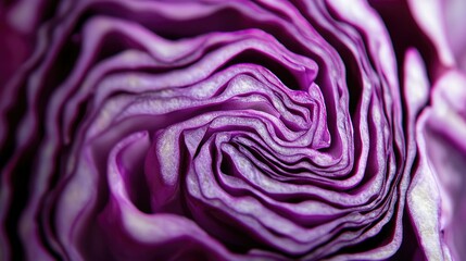 Obraz premium A mesmerizing macro shot of a purple cabbage half, emphasizing its natural patterns and rich tones.