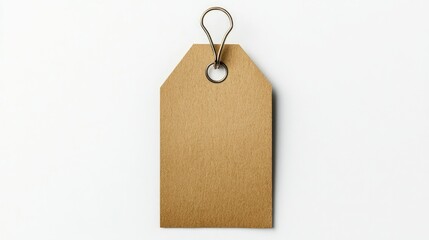 A minimalistic brown tag with a metal clip, set against a white backdrop, ideal for product labeling or gifting.