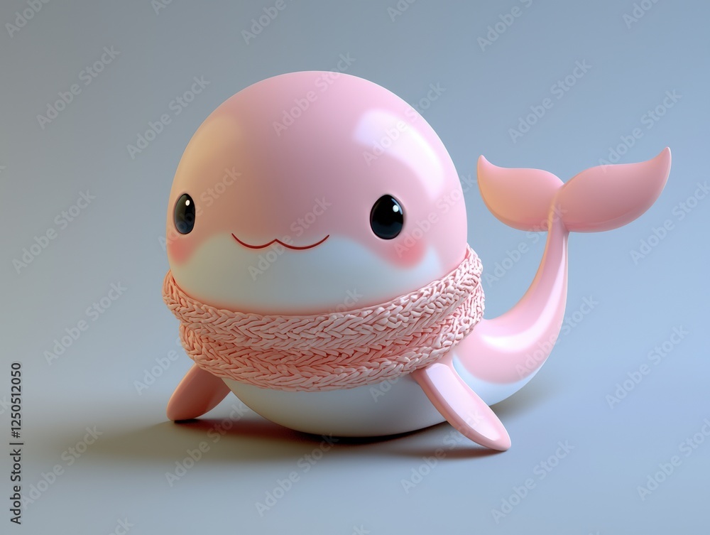 Poster adorable 3d rendering of a gentle pink whale in a cozy scarf with a playful expression and soft, rou