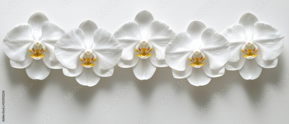 Poster minimalistic display of white orchids in a row on a white background for elegant floral decor