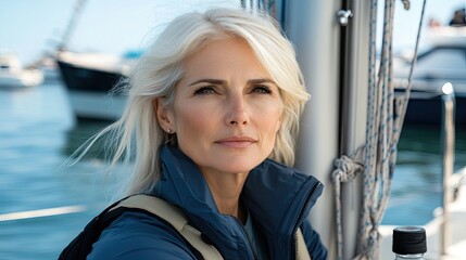 Mature woman sailing, harbor background, sunny day, travel lifestyle