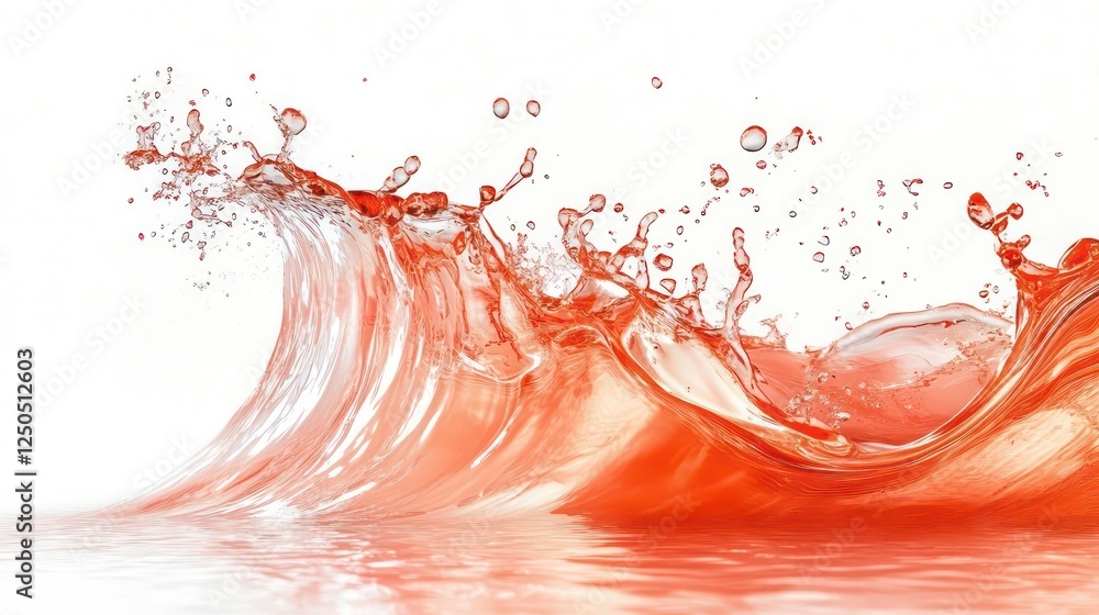 Poster dynamic splash of vibrant red liquid, creating an elegant, flowing wave against a bright white backg