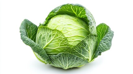 Obraz premium A perfectly fresh green cabbage with layered, crisp leaves, isolated on a clean white background.