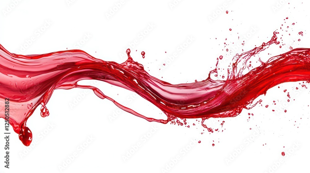 Poster dynamic splash of vibrant red liquid, creating an elegant, flowing wave against a bright white backg