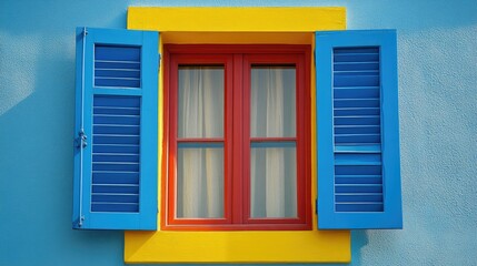 A picturesque window with blue shutters, a yellow frame, and red detailing, radiating a lively and artistic feel.