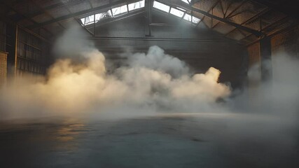 Smoke fills an industrial warehouse during an artistic performance at dusk with dramatic lighting and shadows
