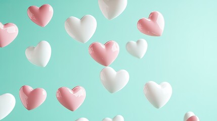 A playful display of floating pink and white hearts on a pastel green background, perfect for festive designs.