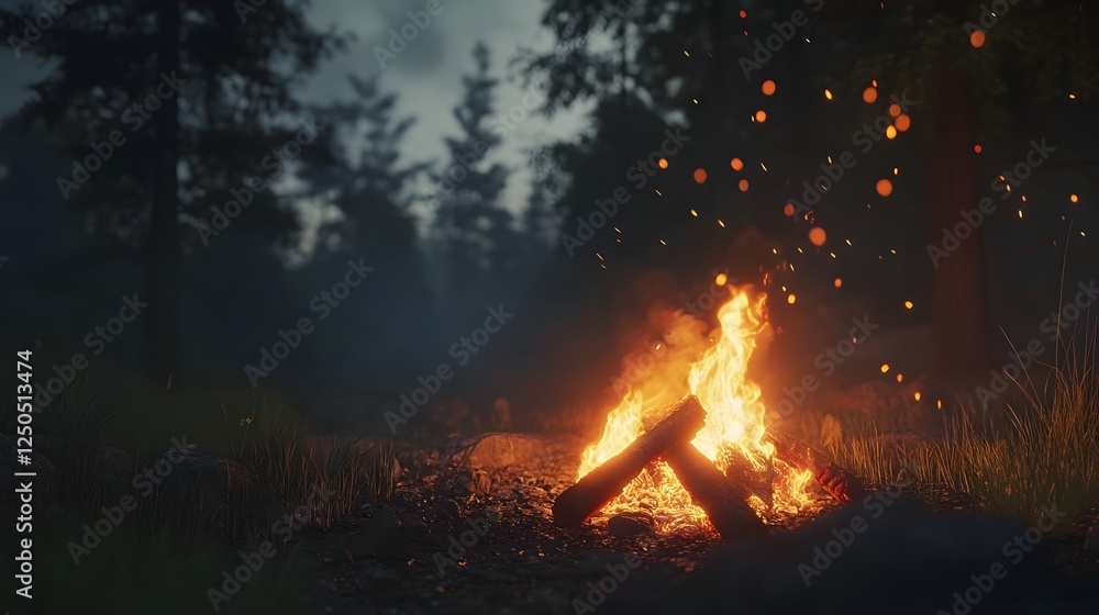 Poster crackling campfire casting a warm glow over the serene wilderness at night flames dancing amidst the