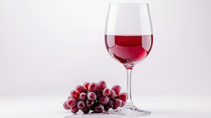 A premium red wine glass with a small bunch of grapes, arranged cleanly on a white surface with room for text.